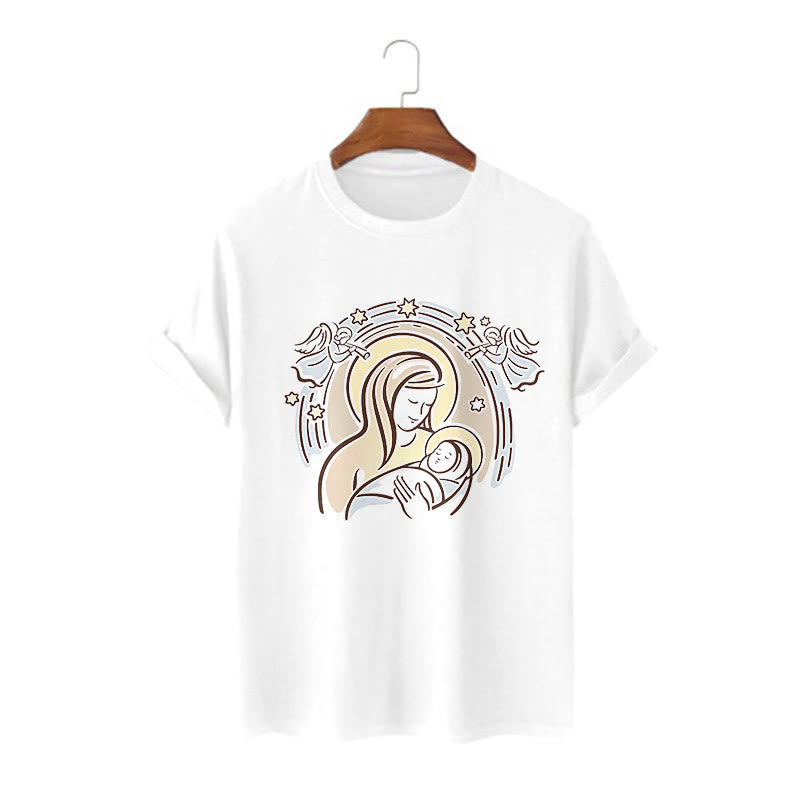 Christianartworkshop Cartoon Style Madonna and Child Short Sleeve Washed T-shirt - White - 2XL - image 0