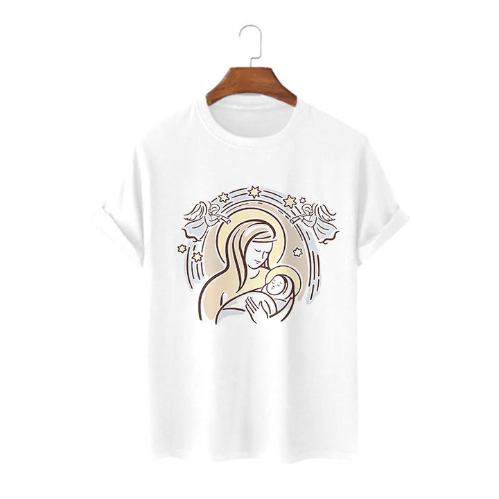 Christianartworkshop Cartoon Style Madonna and Child Short Sleeve Washed T-shirt - White - 2XL - image 0