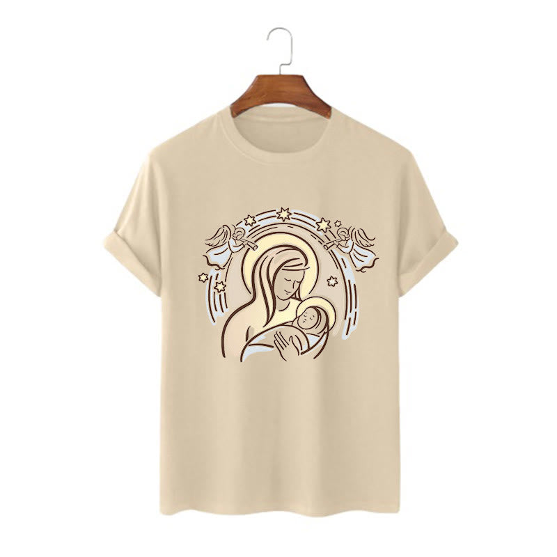 Christianartworkshop Cartoon Style Madonna and Child Short Sleeve Washed T-shirt - Khaki - 2XL - image 5