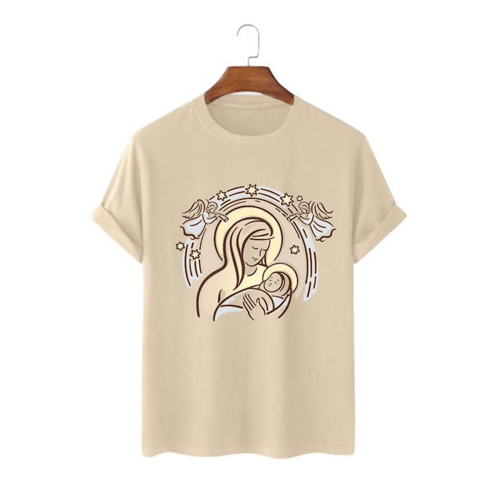 Christianartworkshop Cartoon Style Madonna and Child Short Sleeve Washed T-shirt - Khaki - 2XL - image 5