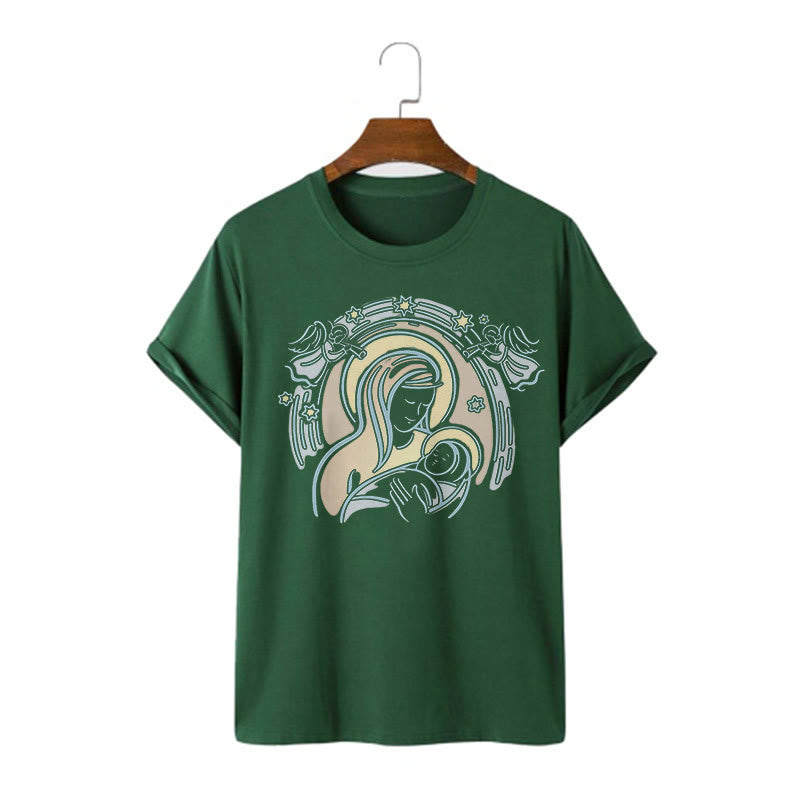 Christianartworkshop Cartoon Style Madonna and Child Short Sleeve Washed T-shirt - Dark Green - 2XL - image 7
