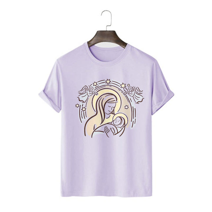 Christianartworkshop Cartoon Style Madonna and Child Short Sleeve Washed T-shirt - Purple - 2XL - image 13