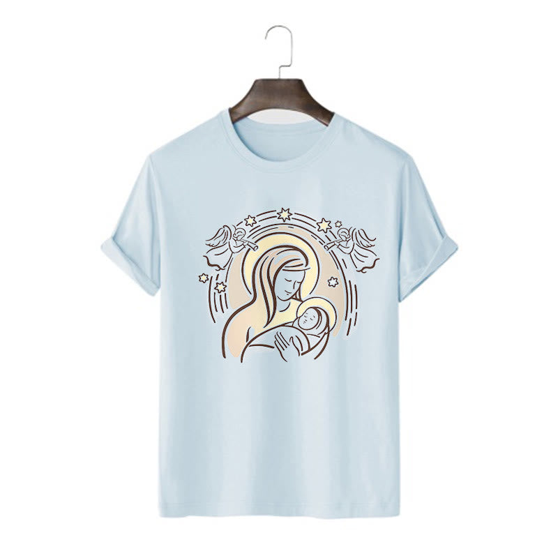 Christianartworkshop Cartoon Style Madonna and Child Short Sleeve Washed T-shirt - Blue - 2XL - image 15