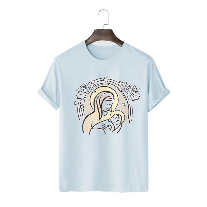 Christianartworkshop Cartoon Style Madonna and Child Short Sleeve Washed T-shirt - Blue - 2XL - image 15