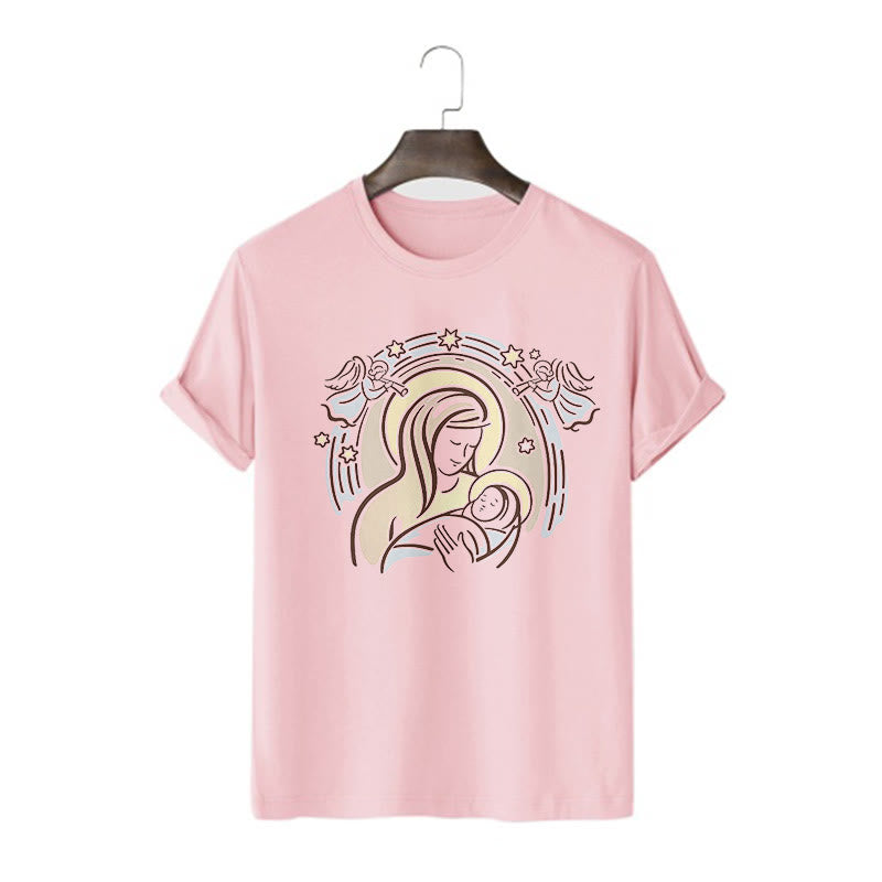 Christianartworkshop Cartoon Style Madonna and Child Short Sleeve Washed T-shirt - Pink - 2XL - image 11