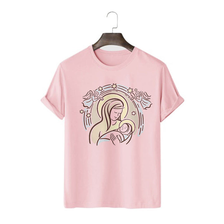 Christianartworkshop Cartoon Style Madonna and Child Short Sleeve Washed T-shirt - Pink - 2XL - image 11