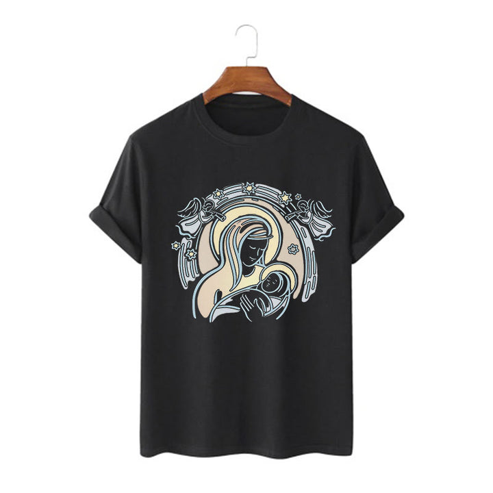 Christianartworkshop Cartoon Style Madonna and Child Short Sleeve Washed T-shirt - Black - 2XL - image 3