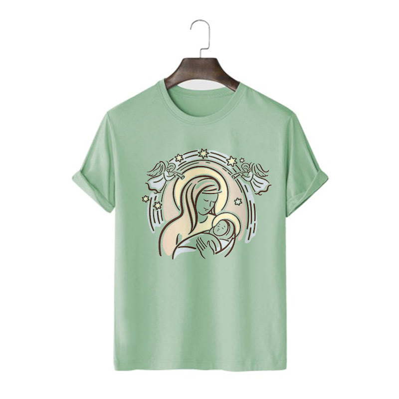 Christianartworkshop Cartoon Style Madonna and Child Short Sleeve Washed T-shirt - Light Green - 2XL - image 9