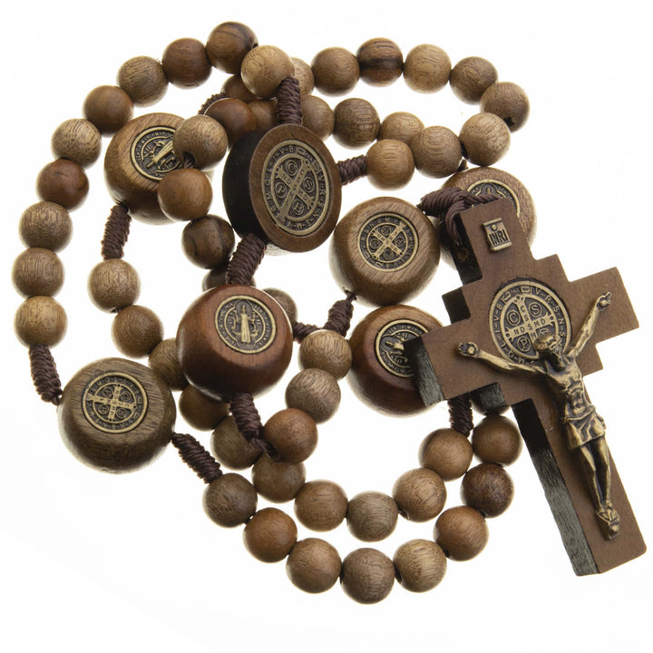 Christianartworkshop St. Benedict Medal & Crucifix of 10 mm Round Brown Wood Nylon Cord Rosary