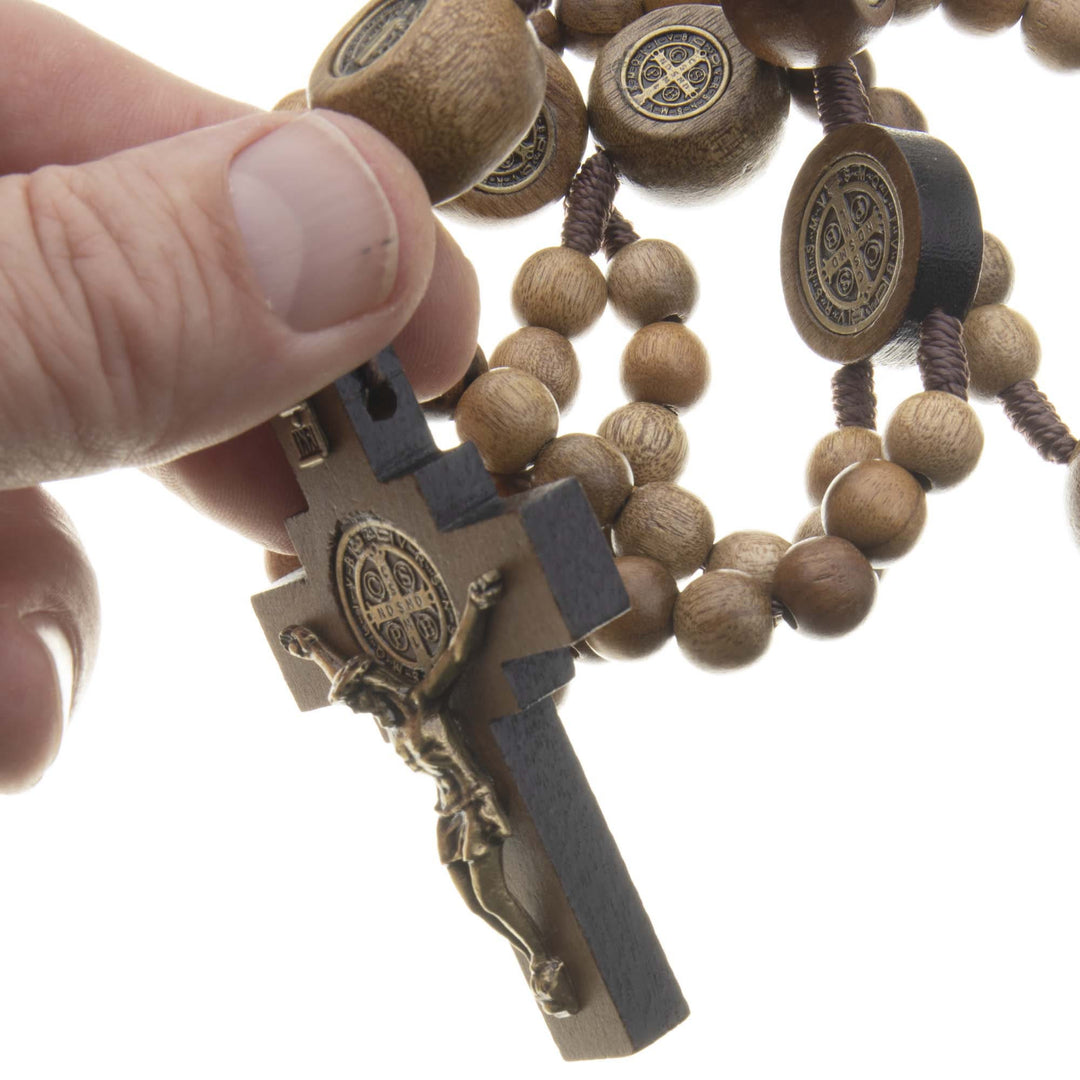 Christianartworkshop St. Benedict Medal & Crucifix of 10 mm Round Brown Wood Nylon Cord Rosary