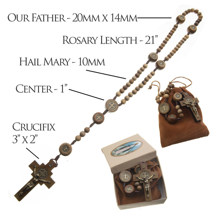 Christianartworkshop St. Benedict Medal & Crucifix of 10 mm Round Brown Wood Nylon Cord Rosary