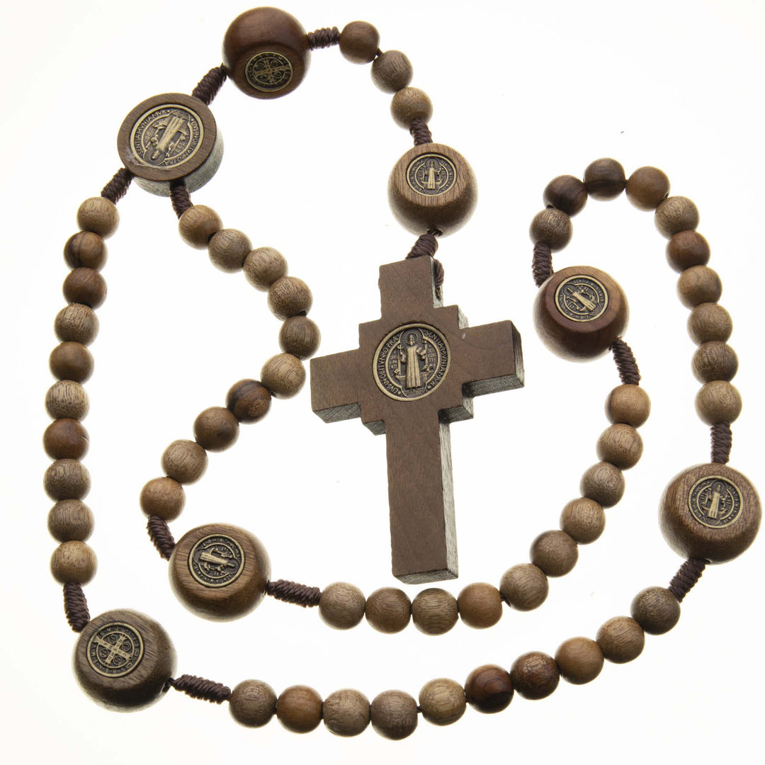 Christianartworkshop St. Benedict Medal & Crucifix of 10 mm Round Brown Wood Nylon Cord Rosary