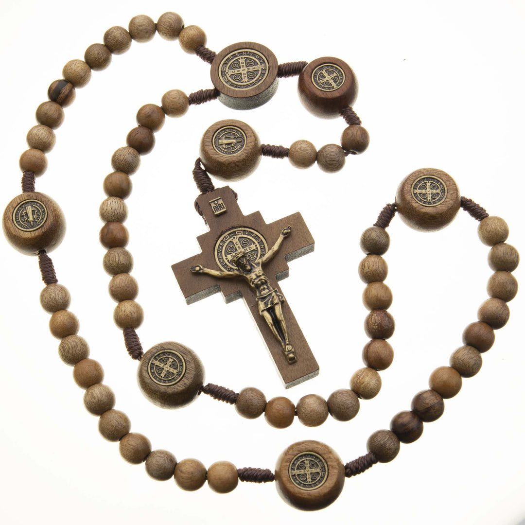 Christianartworkshop St. Benedict Medal & Crucifix of 10 mm Round Brown Wood Nylon Cord Rosary