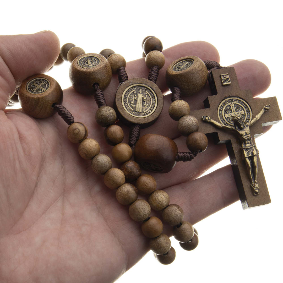 Christianartworkshop St. Benedict Medal & Crucifix of 10 mm Round Brown Wood Nylon Cord Rosary