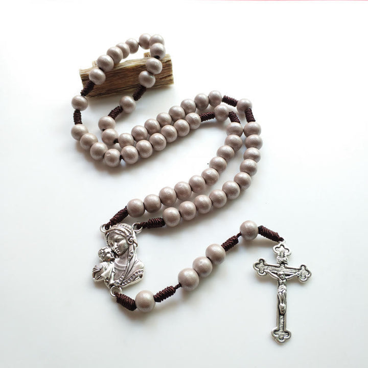 Christianartworkshop Madonna and Child & Crucifix of 10 mm Round Brown Wood Nylon Cord Rosary