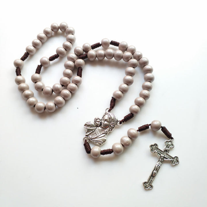 Christianartworkshop Madonna and Child & Crucifix of 10 mm Round Brown Wood Nylon Cord Rosary