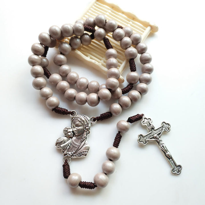 Christianartworkshop Madonna and Child & Crucifix of 10 mm Round Brown Wood Nylon Cord Rosary