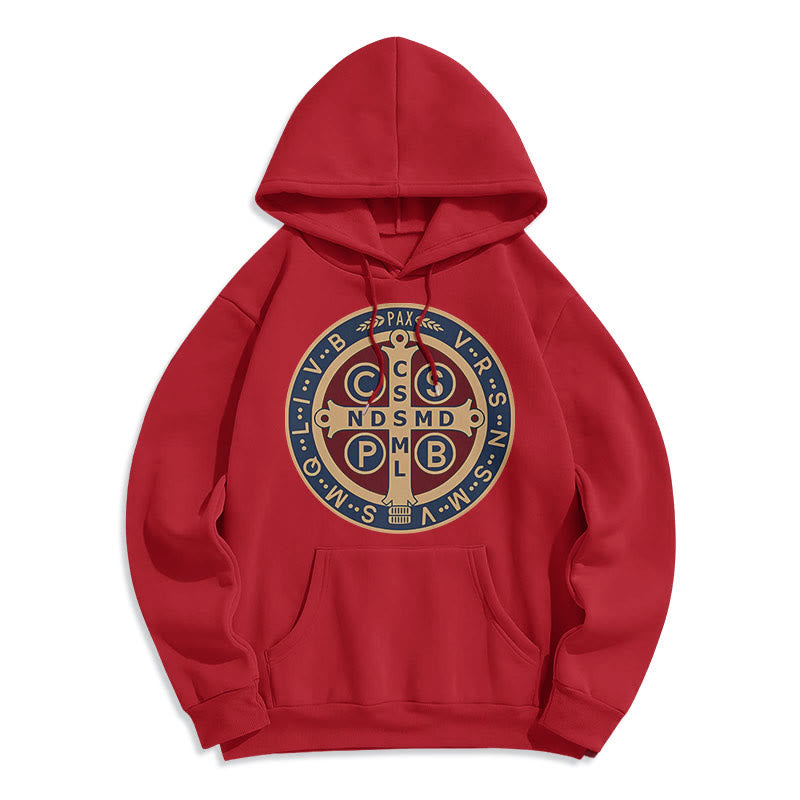 Christianartworkshop Classic Colored Style St. Benedict Protector Fleece Lined Polyester Hoodie
