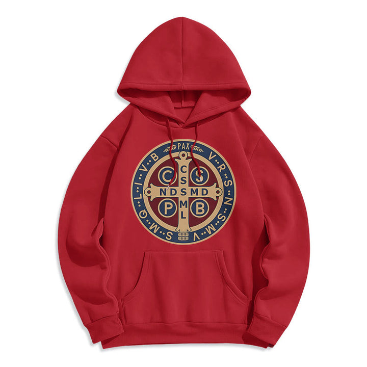 Christianartworkshop Classic Colored Style St. Benedict Protector Fleece Lined Polyester Hoodie