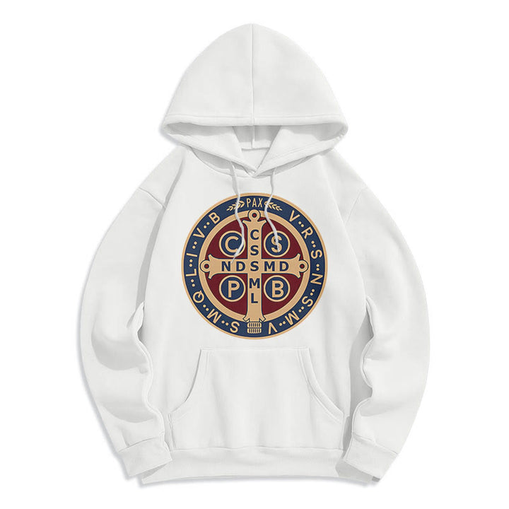 Christianartworkshop Classic Colored Style St. Benedict Protector Fleece Lined Polyester Hoodie