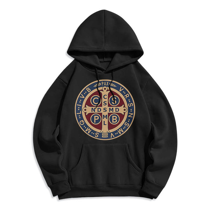 Christianartworkshop Classic Colored Style St. Benedict Protector Fleece Lined Polyester Hoodie