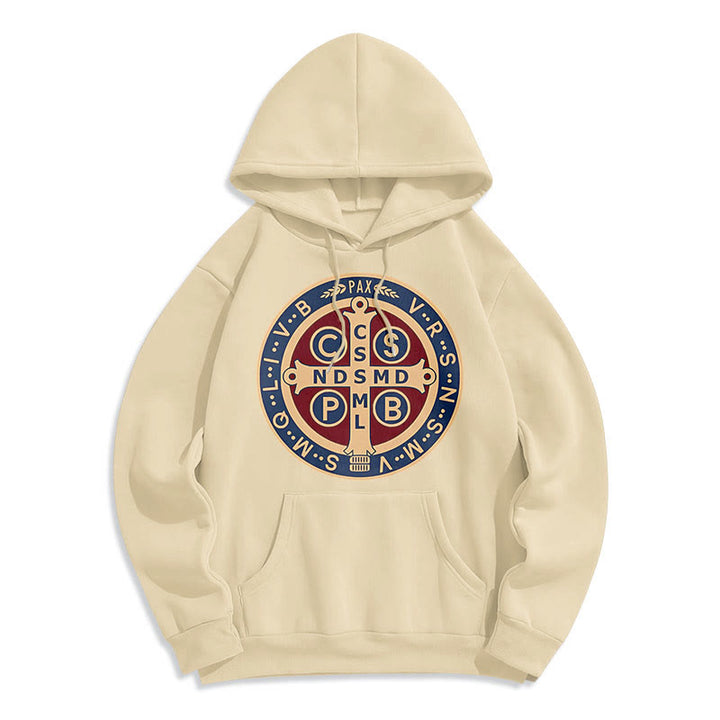 Christianartworkshop Classic Colored Style St. Benedict Protector Fleece Lined Polyester Hoodie