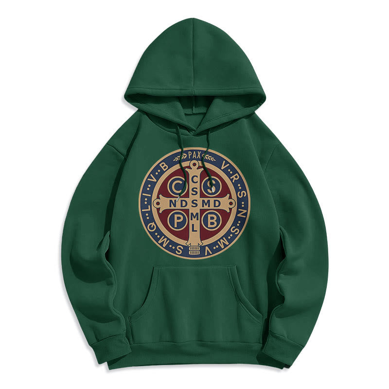 Christianartworkshop Classic Colored Style St. Benedict Protector Fleece Lined Polyester Hoodie