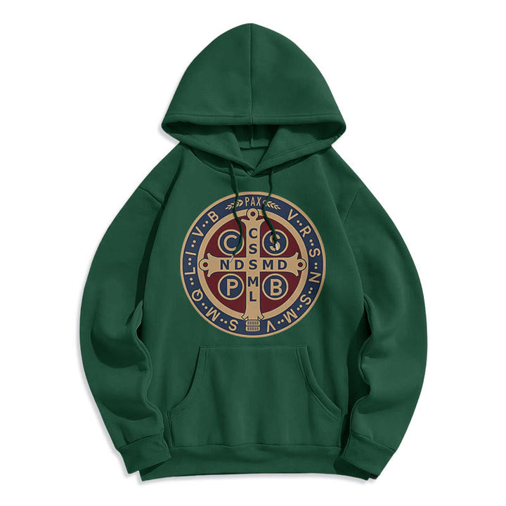 Christianartworkshop Classic Colored Style St. Benedict Protector Fleece Lined Polyester Hoodie