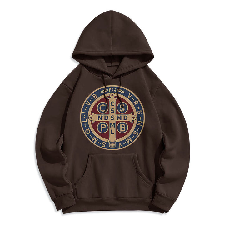 Christianartworkshop Classic Colored Style St. Benedict Protector Fleece Lined Polyester Hoodie