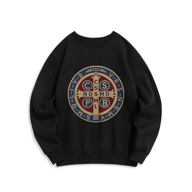 Christianartworkshop Classic Colored Style St. Benedict Protector Fleece Lined Polyester Sweatshirt - Crewneck Sweatshirt - Black - 2XL - image 0