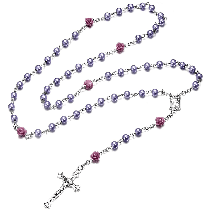 Christianartworkshop Madonna in Profile & Crucifix of 6 mm Rose Round Multicolor Pearl Alloy Chain Rosary(8 colors)
