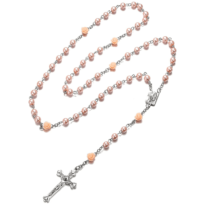 Christianartworkshop Madonna in Profile & Crucifix of 6 mm Rose Round Multicolor Pearl Alloy Chain Rosary(8 colors)
