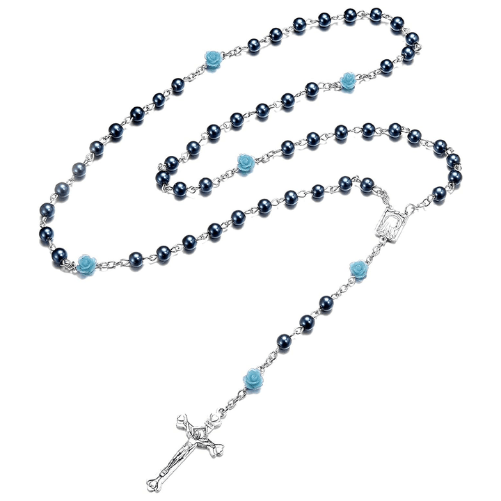 Christianartworkshop Madonna in Profile & Crucifix of 6 mm Rose Round Multicolor Pearl Alloy Chain Rosary(8 colors)
