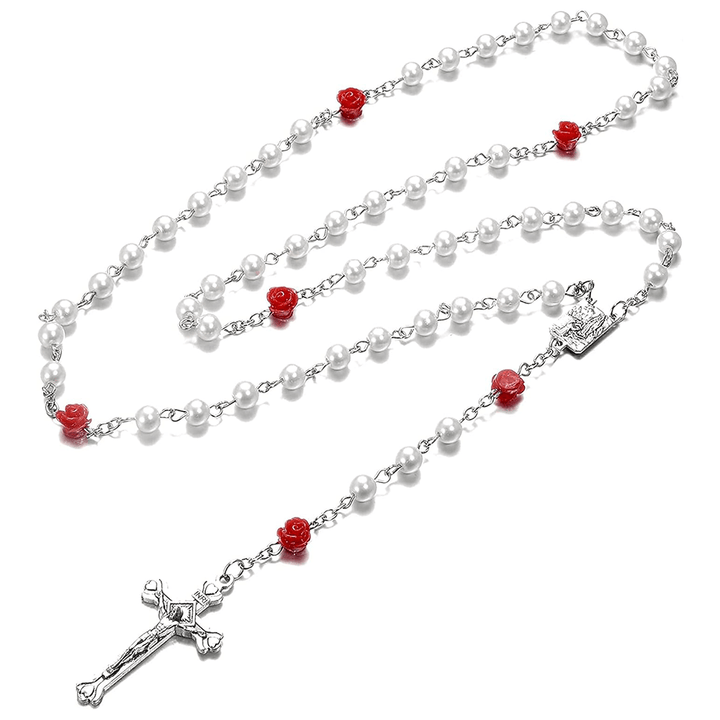 Christianartworkshop Madonna in Profile & Crucifix of 6 mm Rose Round Multicolor Pearl Alloy Chain Rosary(8 colors)