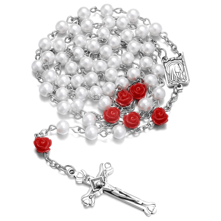 Christianartworkshop Madonna in Profile & Crucifix of 6 mm Rose Round Multicolor Pearl Alloy Chain Rosary(8 colors)