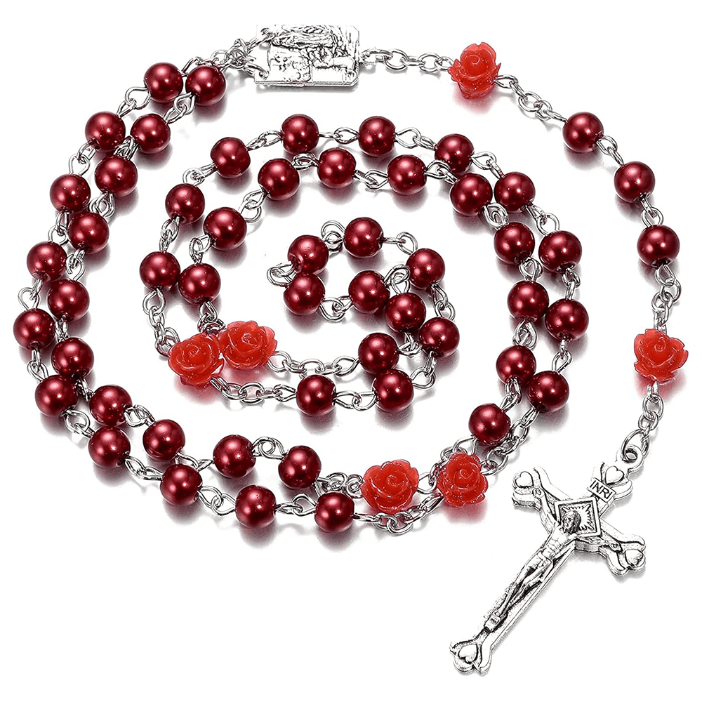 Christianartworkshop Madonna in Profile & Crucifix of 6 mm Rose Round Multicolor Pearl Alloy Chain Rosary(8 colors)