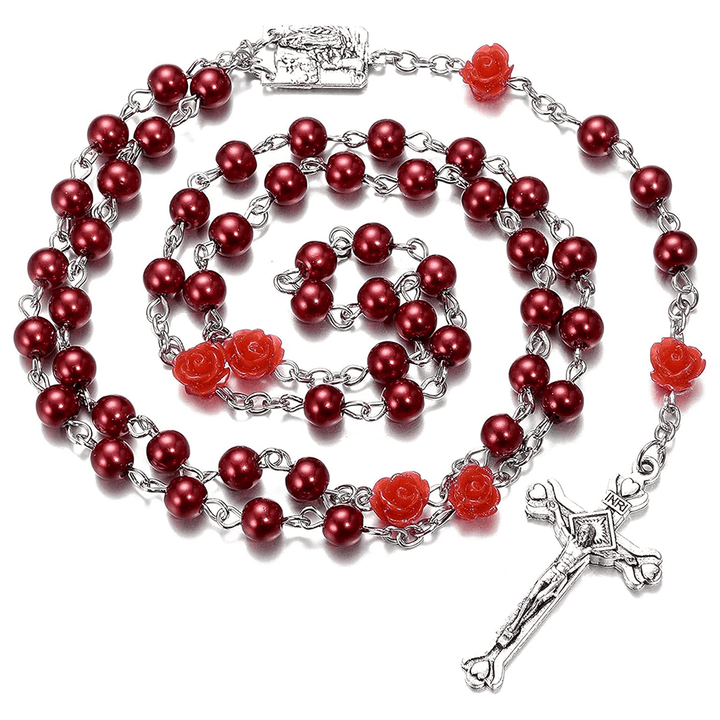 Christianartworkshop Madonna in Profile & Crucifix of 6 mm Rose Round Multicolor Pearl Alloy Chain Rosary(8 colors)
