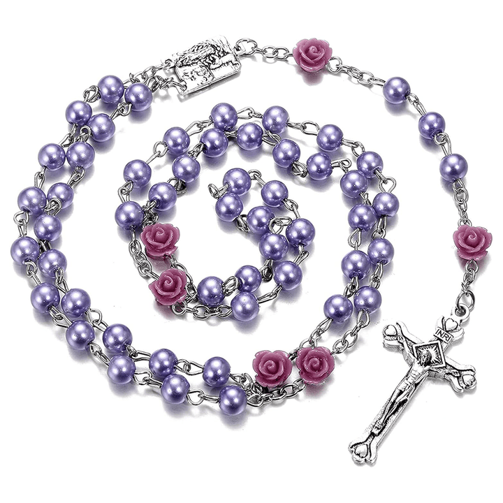 Christianartworkshop Madonna in Profile & Crucifix of 6 mm Rose Round Multicolor Pearl Alloy Chain Rosary(8 colors)