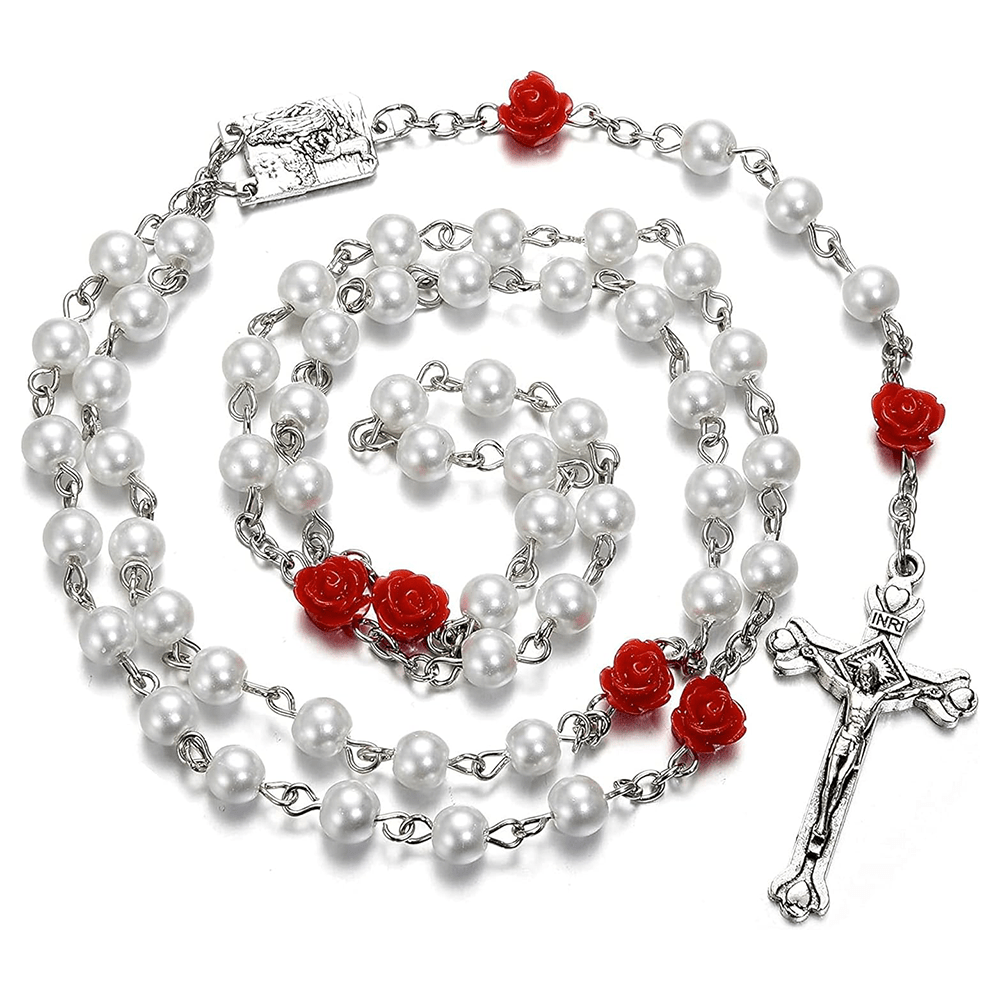 Christianartworkshop Madonna in Profile & Crucifix of 6 mm Rose Round Multicolor Pearl Alloy Chain Rosary(8 colors)