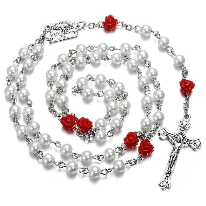 Christianartworkshop Madonna in Profile & Crucifix of 6 mm Rose Round Multicolor Pearl Alloy Chain Rosary(8 colors)