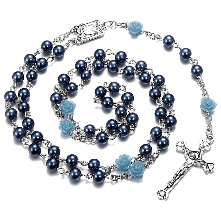 Christianartworkshop Madonna in Profile & Crucifix of 6 mm Rose Round Multicolor Pearl Alloy Chain Rosary(8 colors)