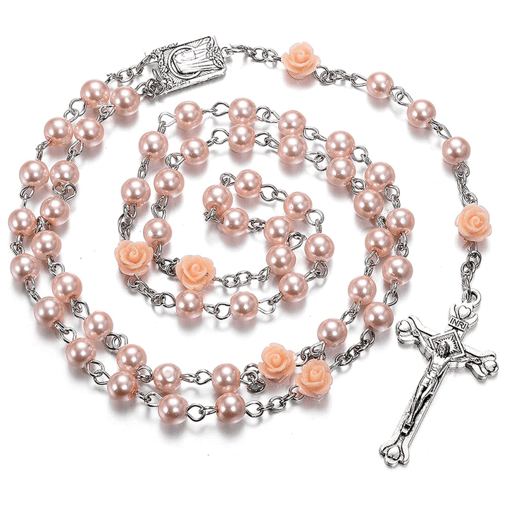 Christianartworkshop Madonna in Profile & Crucifix of 6 mm Rose Round Multicolor Pearl Alloy Chain Rosary(8 colors)