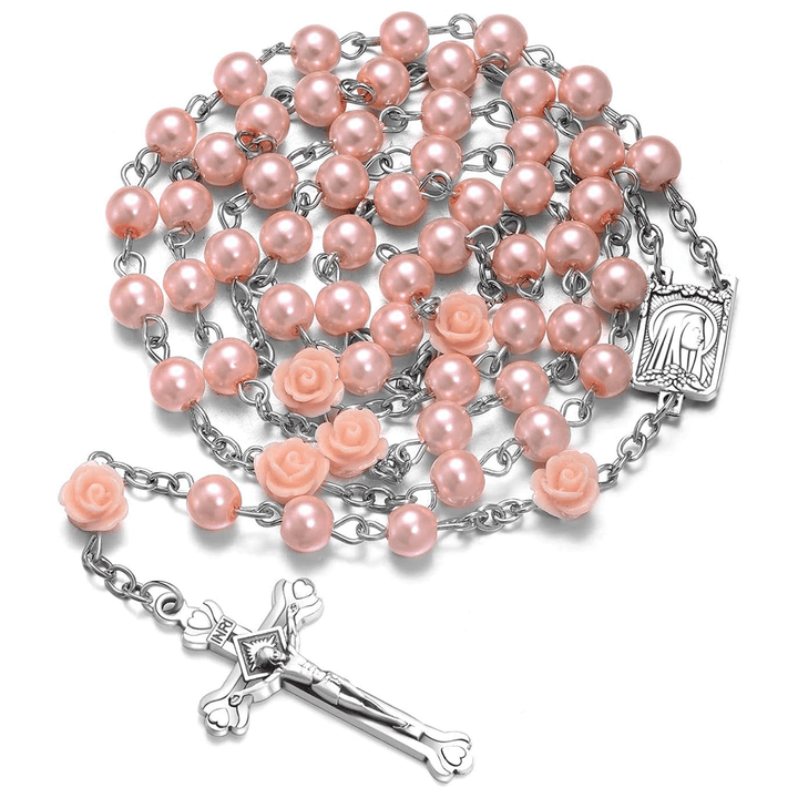 Christianartworkshop Madonna in Profile & Crucifix of 6 mm Rose Round Multicolor Pearl Alloy Chain Rosary(8 colors)