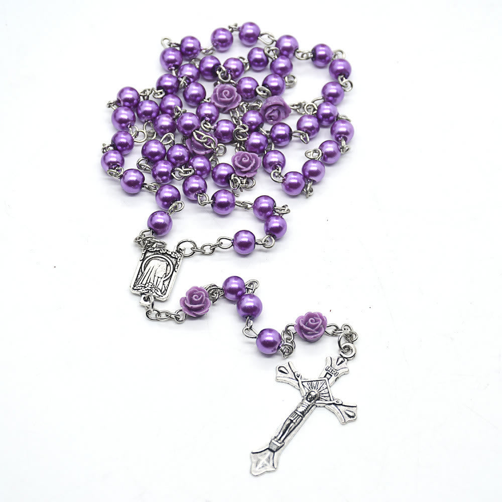 Christianartworkshop Madonna in Profile & Crucifix of 6 mm Rose Round Multicolor Pearl Alloy Chain Rosary(8 colors)