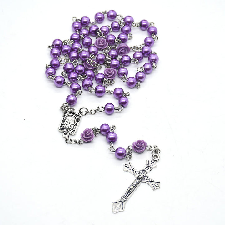 Christianartworkshop Madonna in Profile & Crucifix of 6 mm Rose Round Multicolor Pearl Alloy Chain Rosary(8 colors)
