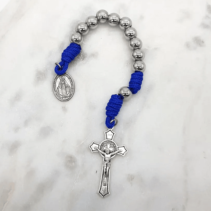 Christianartworkshop Miraculous Medal & Crucifix of 8 mm Round Silver Stainless Steel Blue Paracord Pocket Rosary