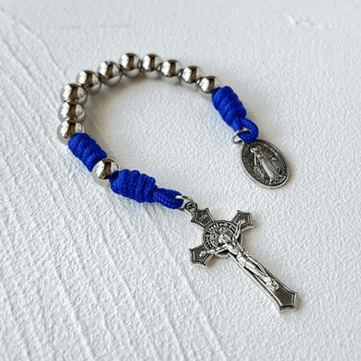 Christianartworkshop Miraculous Medal & Crucifix of 8 mm Round Silver Stainless Steel Blue Paracord Pocket Rosary