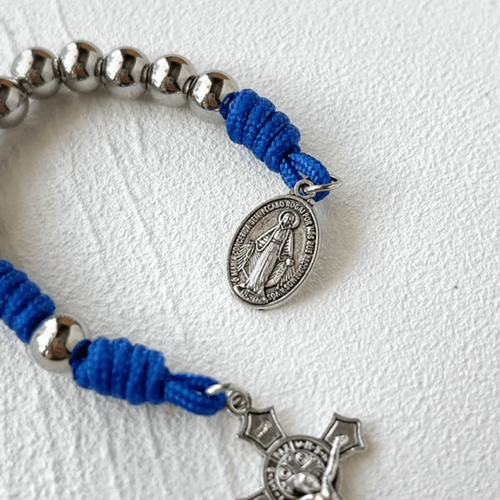 Christianartworkshop Miraculous Medal & Crucifix of 8 mm Round Silver Stainless Steel Blue Paracord Pocket Rosary