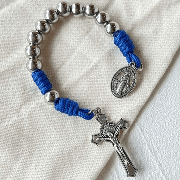 Christianartworkshop Miraculous Medal & Crucifix of 8 mm Round Silver Stainless Steel Blue Paracord Pocket Rosary