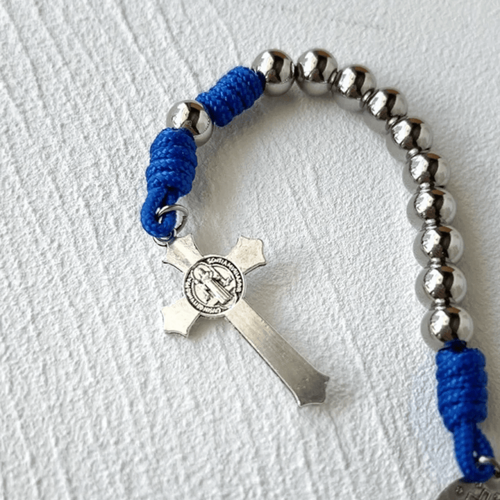 Christianartworkshop Miraculous Medal & Crucifix of 8 mm Round Silver Stainless Steel Blue Paracord Pocket Rosary